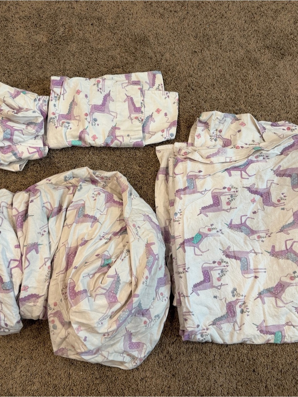 Pottery Barn Kids Full Size Organic Cotto. Purple Unicorn Flannel Sheet set